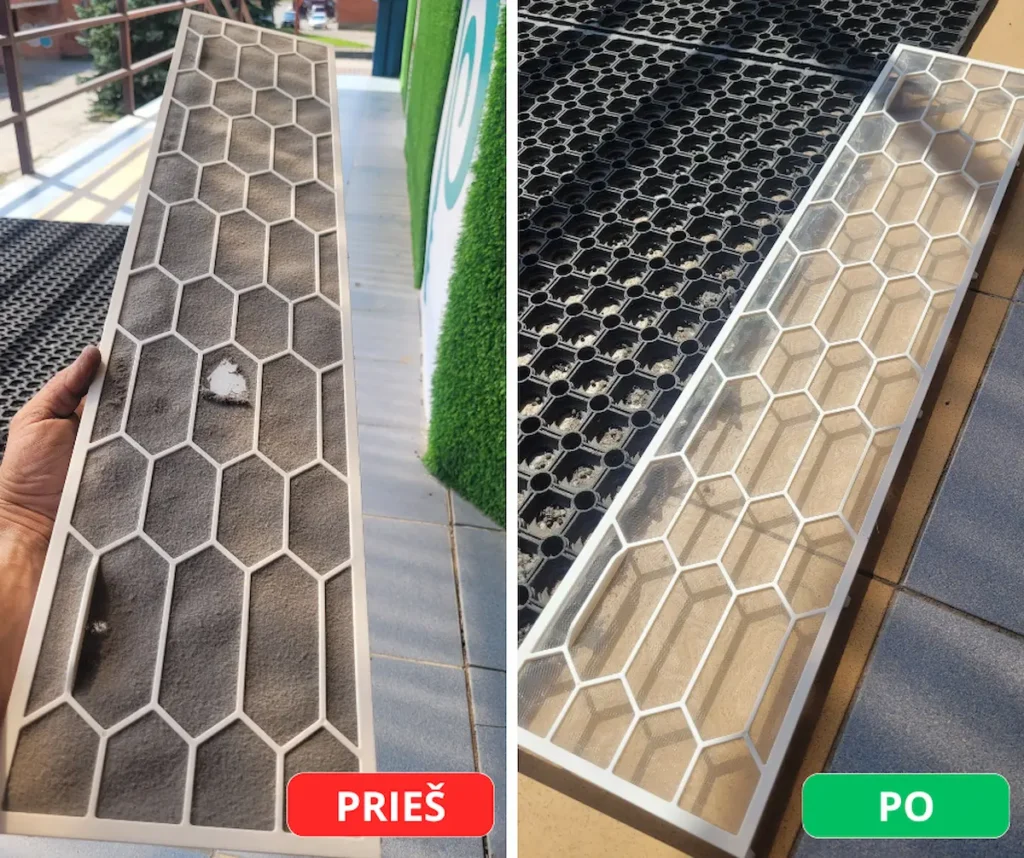 Nešvarus ir išvalytas oro kondicionieriaus filtras po priežiūros